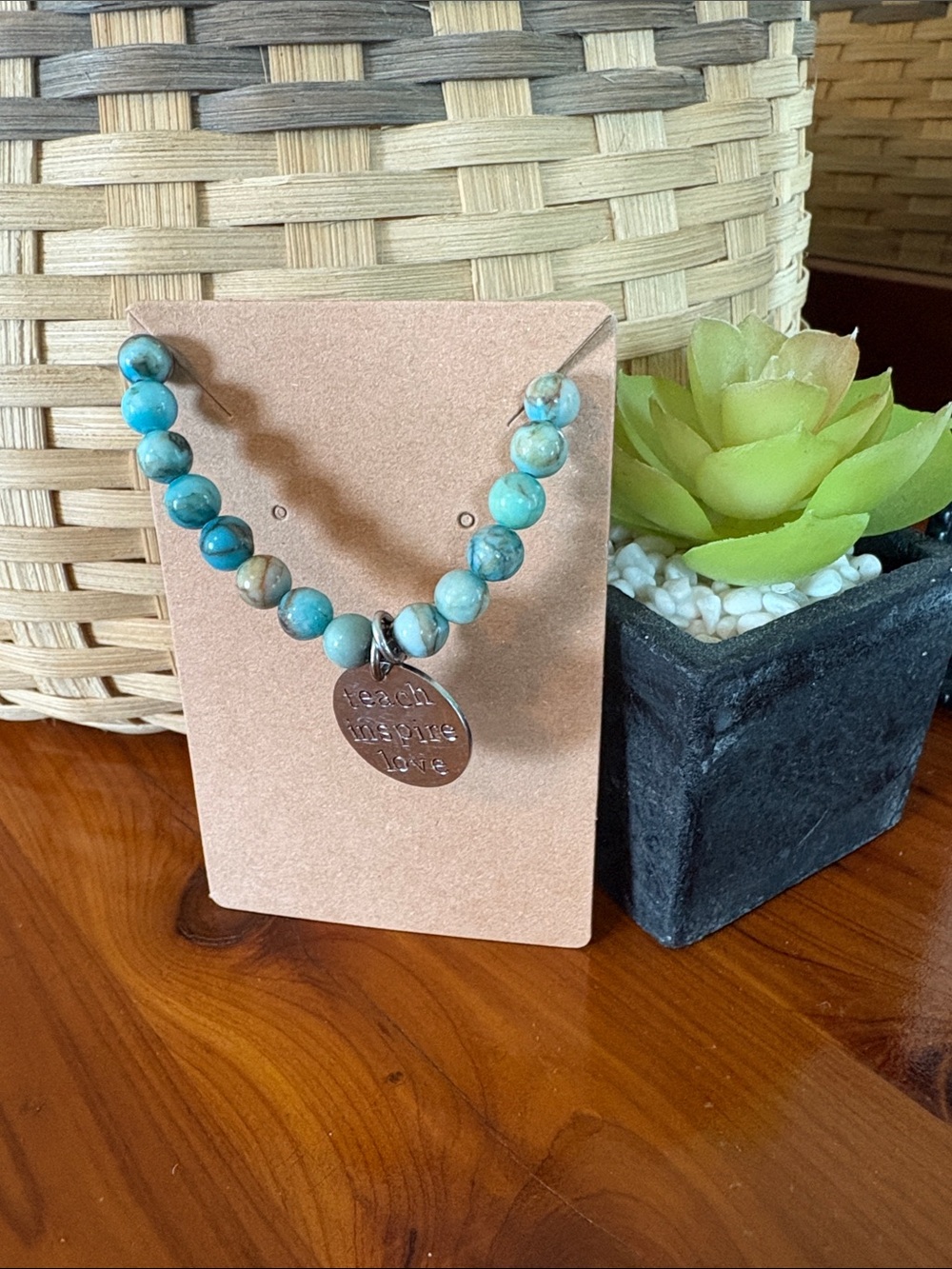 Turquoise Beaded Charm Bracelet- Inspirational Pendant